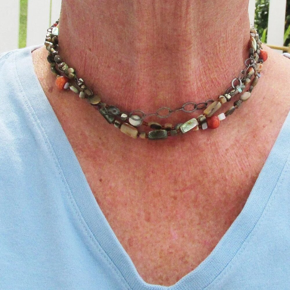 SILPADA Sterling Silver 3 Strand FIESTA FUN Abalone Coral Retired Necklace N1563 - Picture 4 of 5
